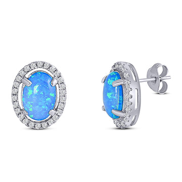 Halo Art Deco Oval Stud Earring Simulated Cubic Zirconia Created Blue Opal Solid 925 Sterling Silver (15mm)